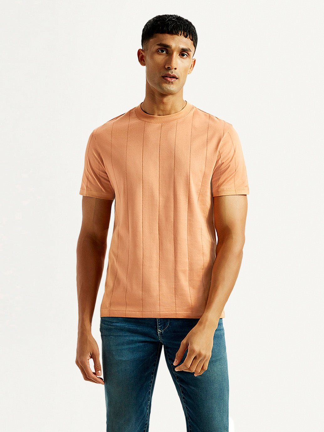 Men's Striped Peach Crew Neck T-shirt