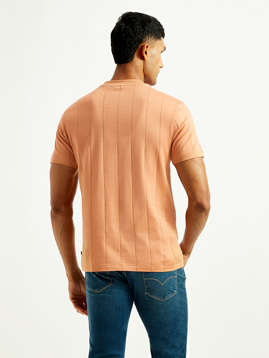Men's Striped Peach Crew Neck T-shirt