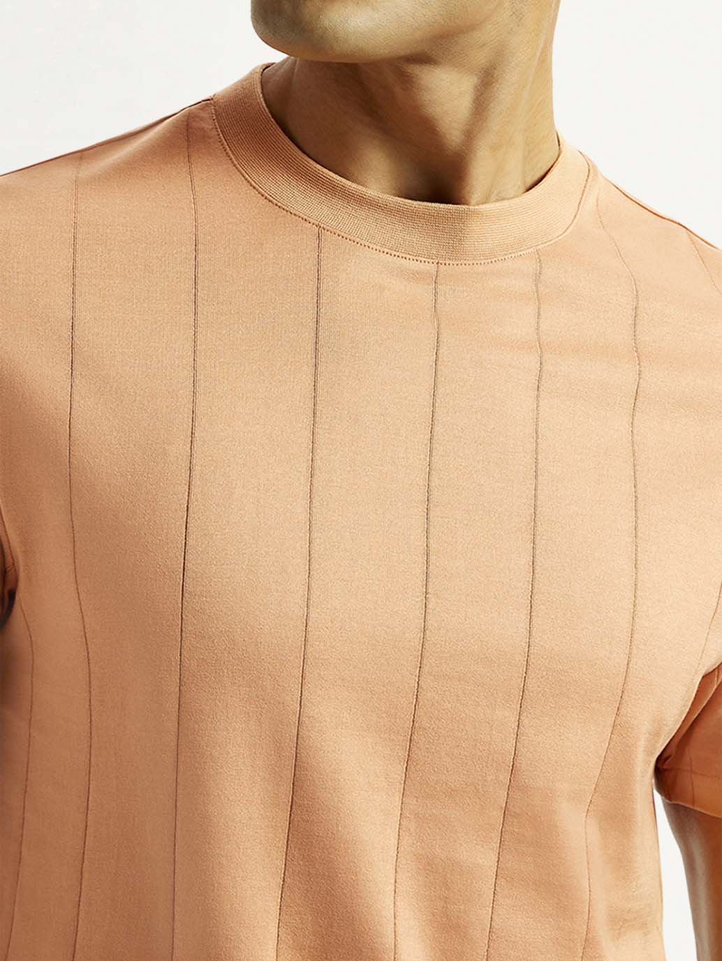 Men's Striped Peach Crew Neck T-shirt