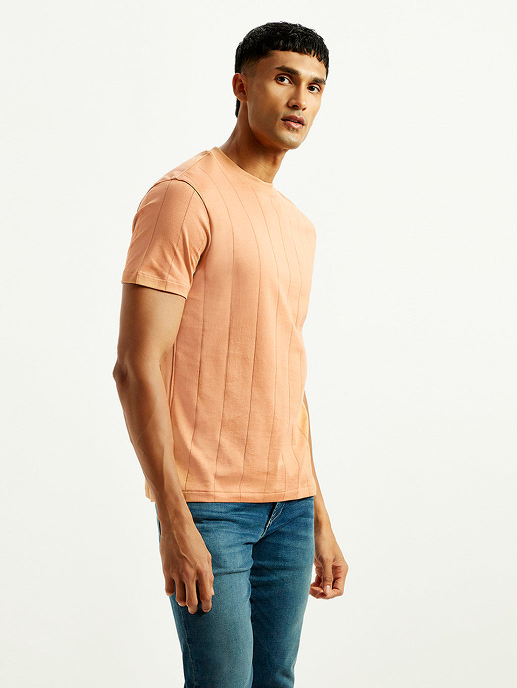 Men's Striped Peach Crew Neck T-shirt