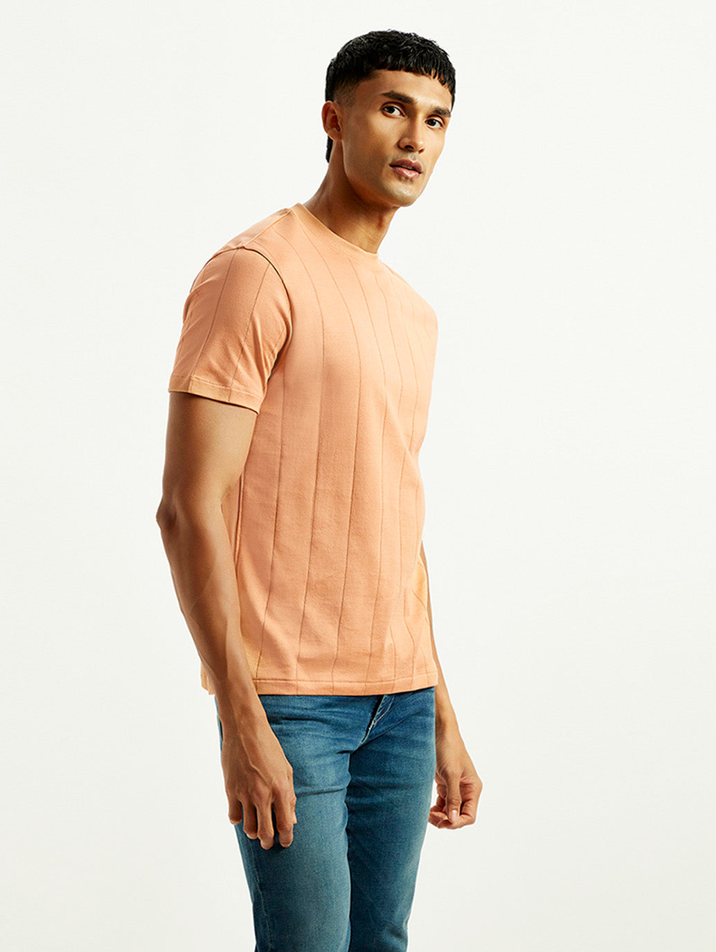 Men's Striped Peach Crew Neck T-shirt