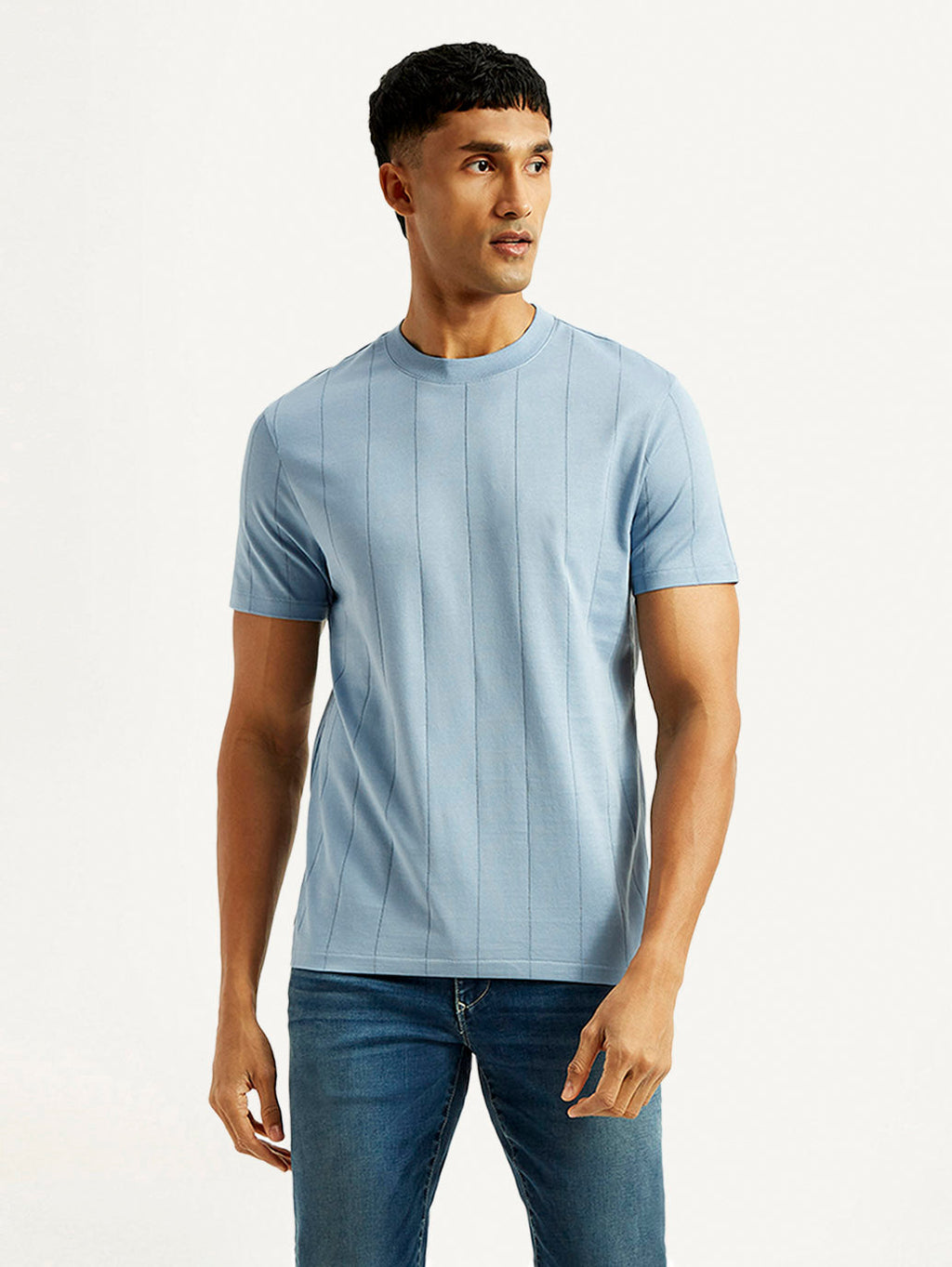 Men's Striped Light Blue Crew Neck T-shirt