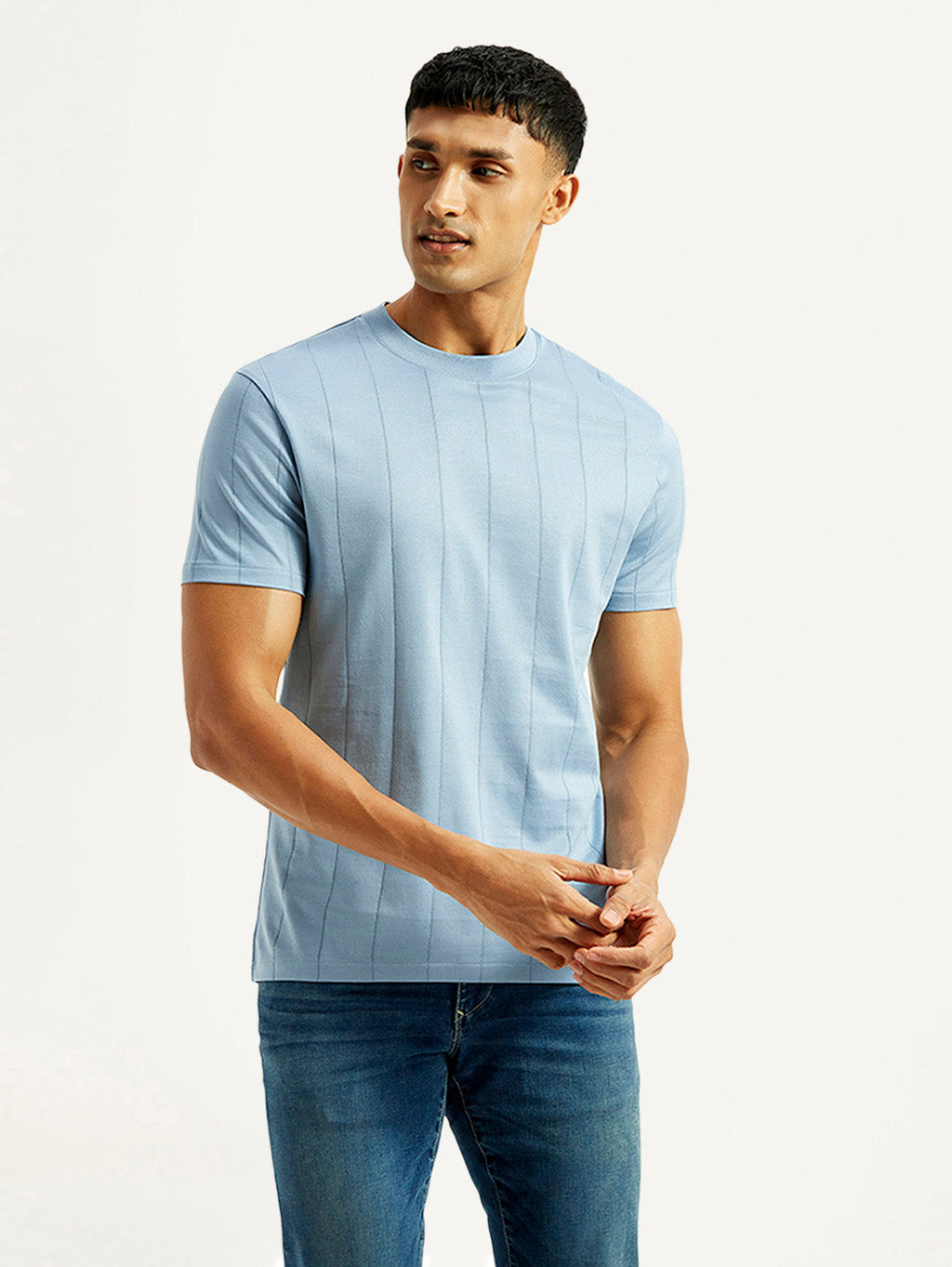 Men's Striped Light Blue Crew Neck T-shirt