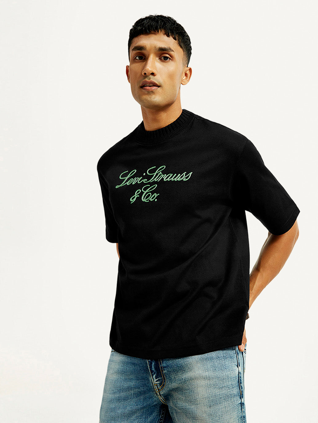 Men's Embroidered Black Crew Neck T-Shirt