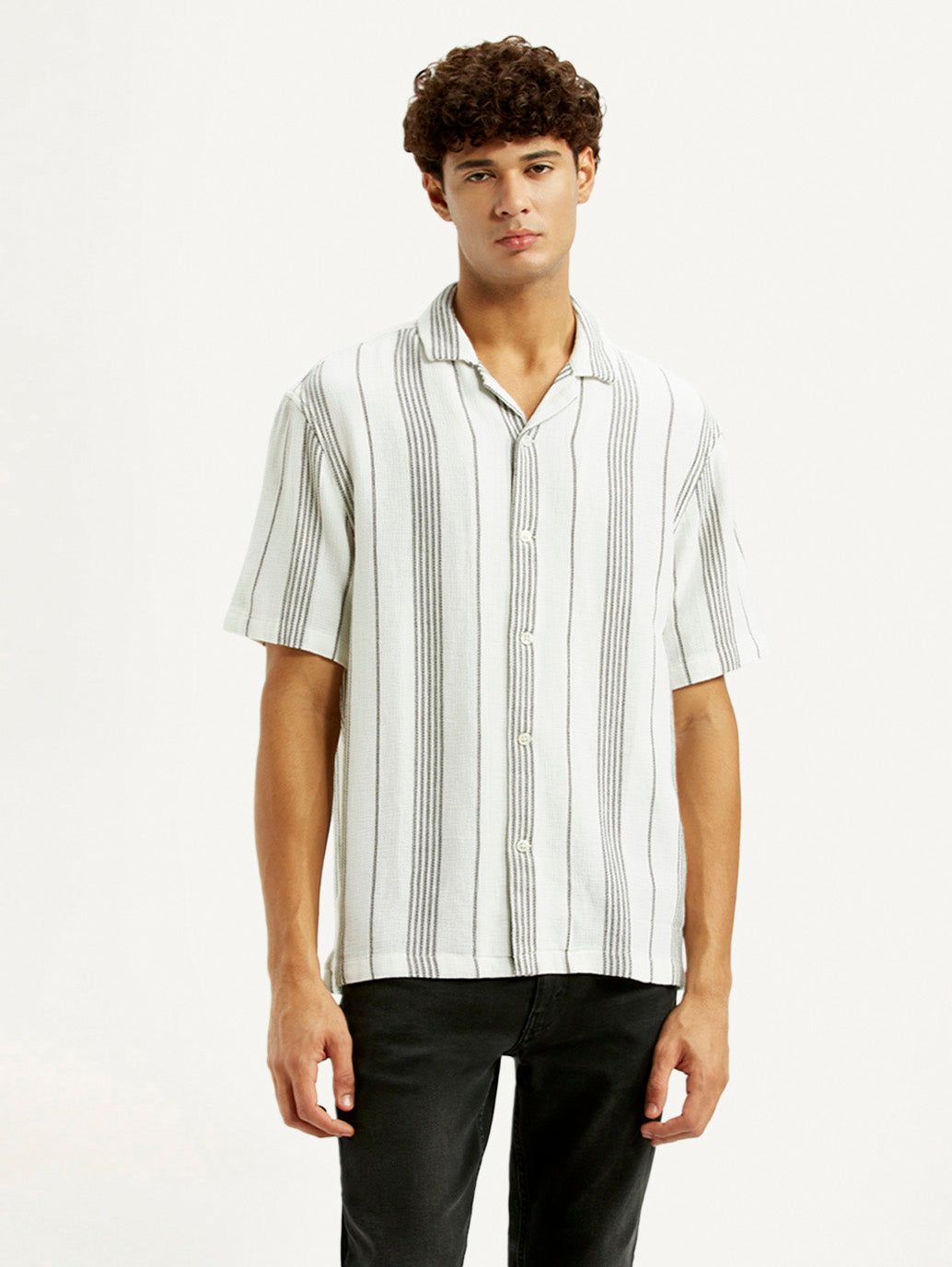 Men's Striped White Relaxed Fit Camp Shirt