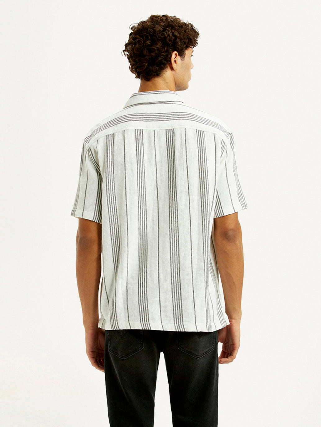 Men's Striped White Relaxed Fit Camp Shirt