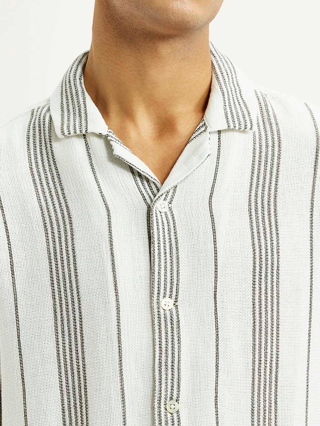 Men's Striped White Relaxed Fit Camp Shirt