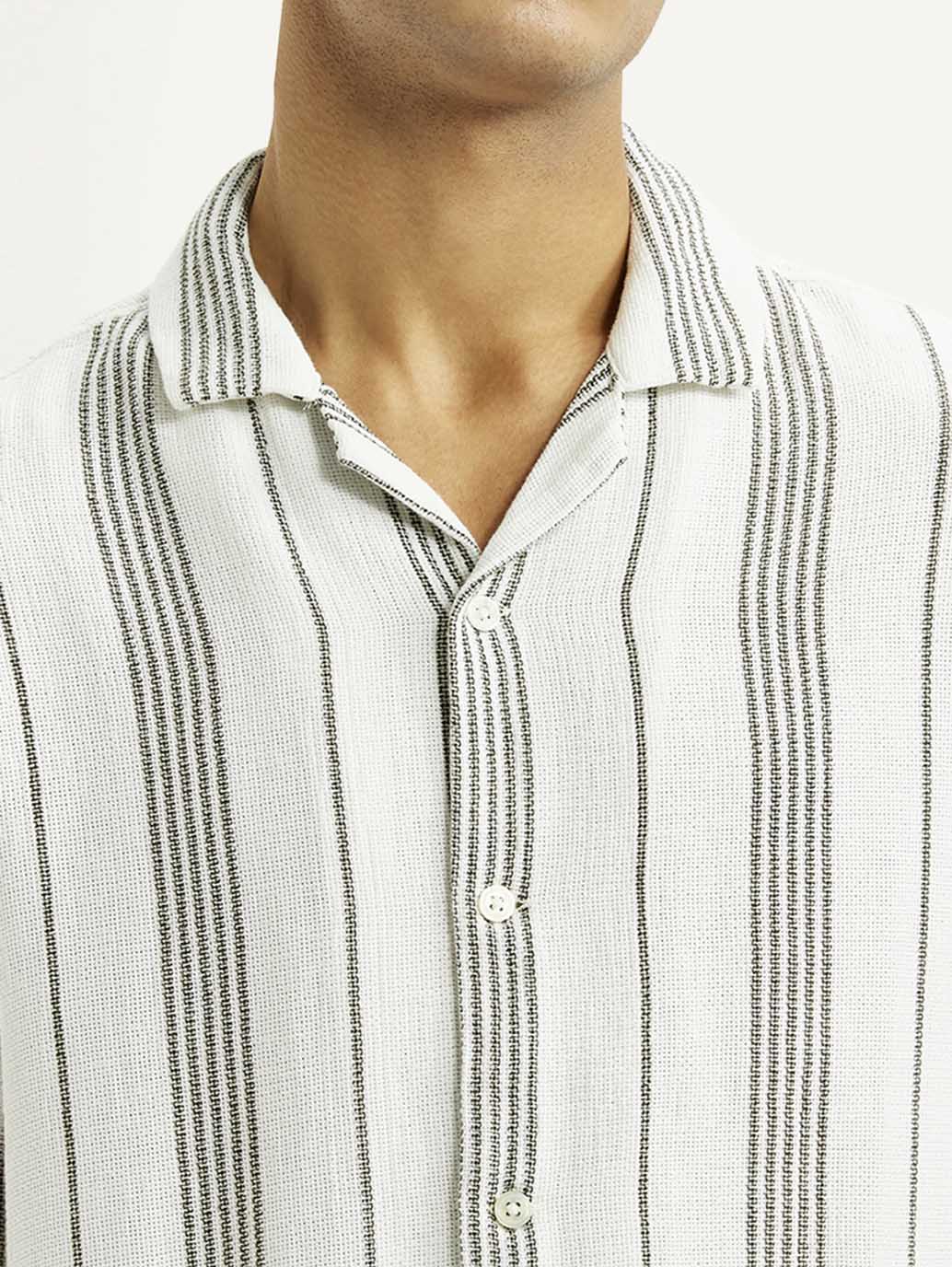 Men's Striped White Relaxed Fit Camp Shirt