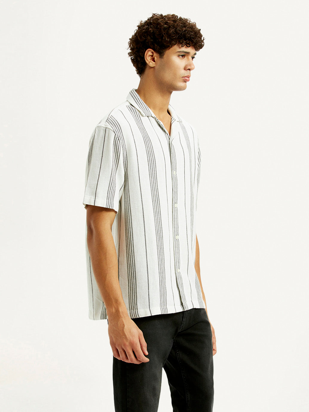 Men's Striped White Relaxed Fit Camp Shirt