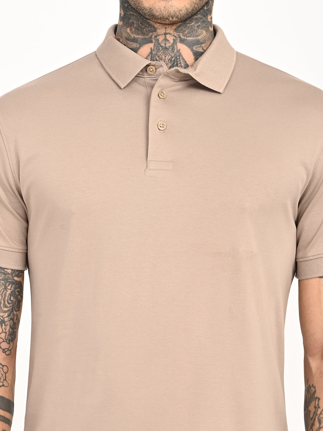 Men's Solid Beige Slim Fit Polo T-shirt