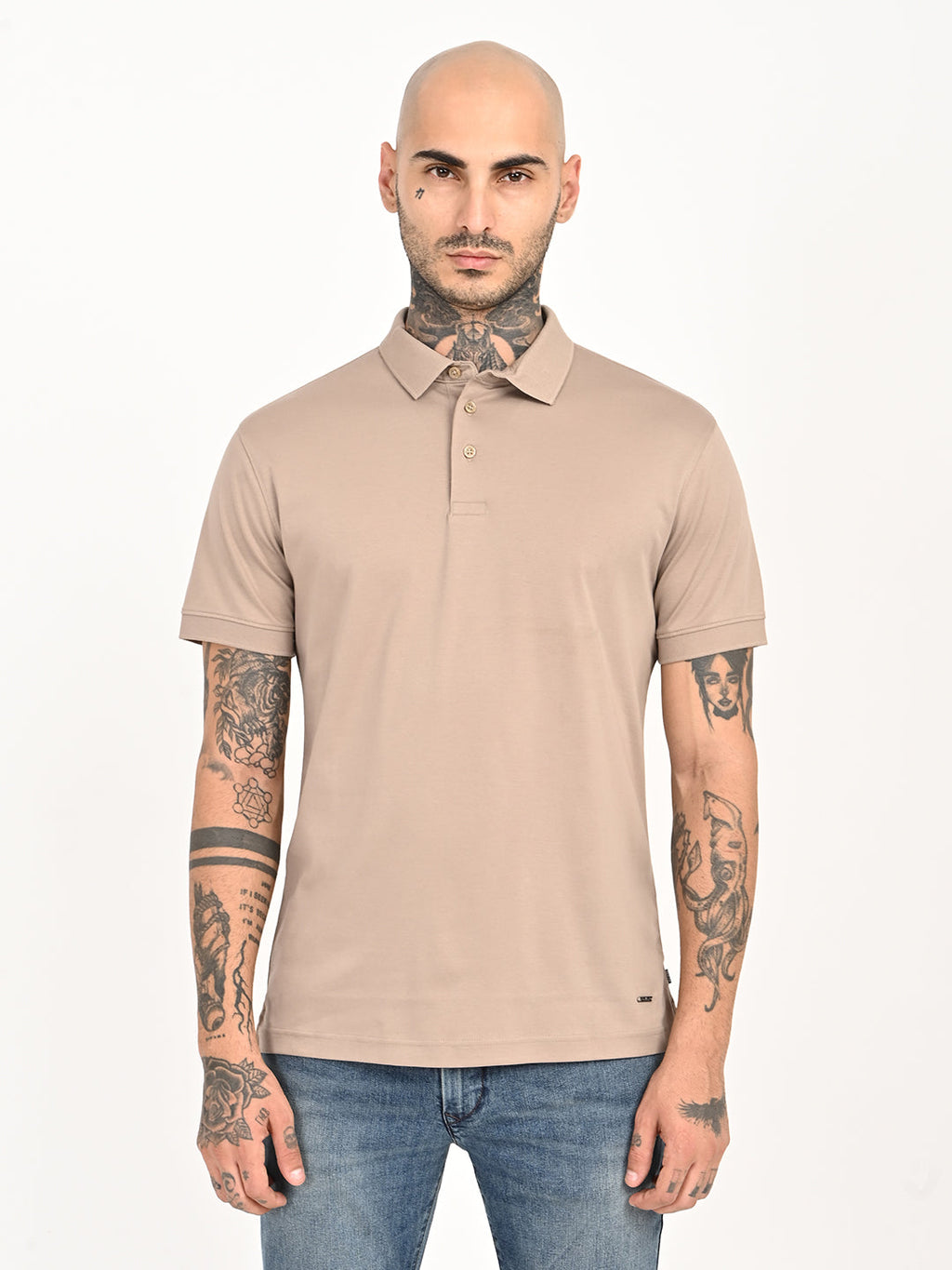 Men's Solid Beige Slim Fit Polo T-shirt