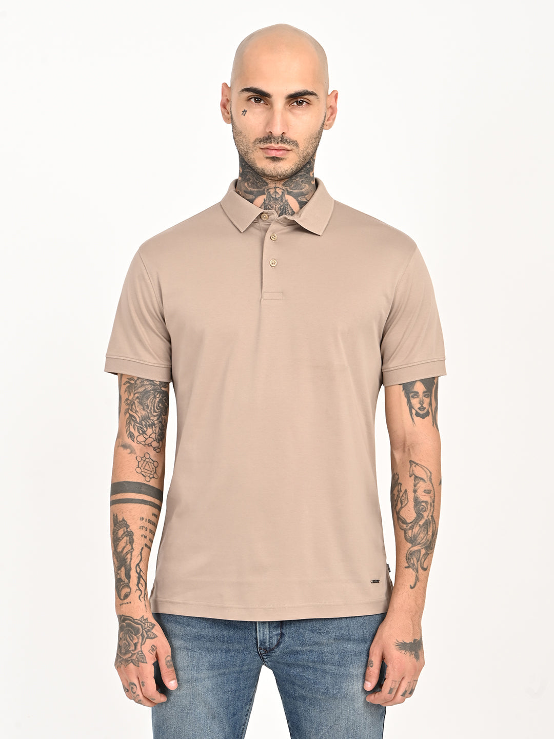 Men's Solid Beige Slim Fit Polo T-shirt