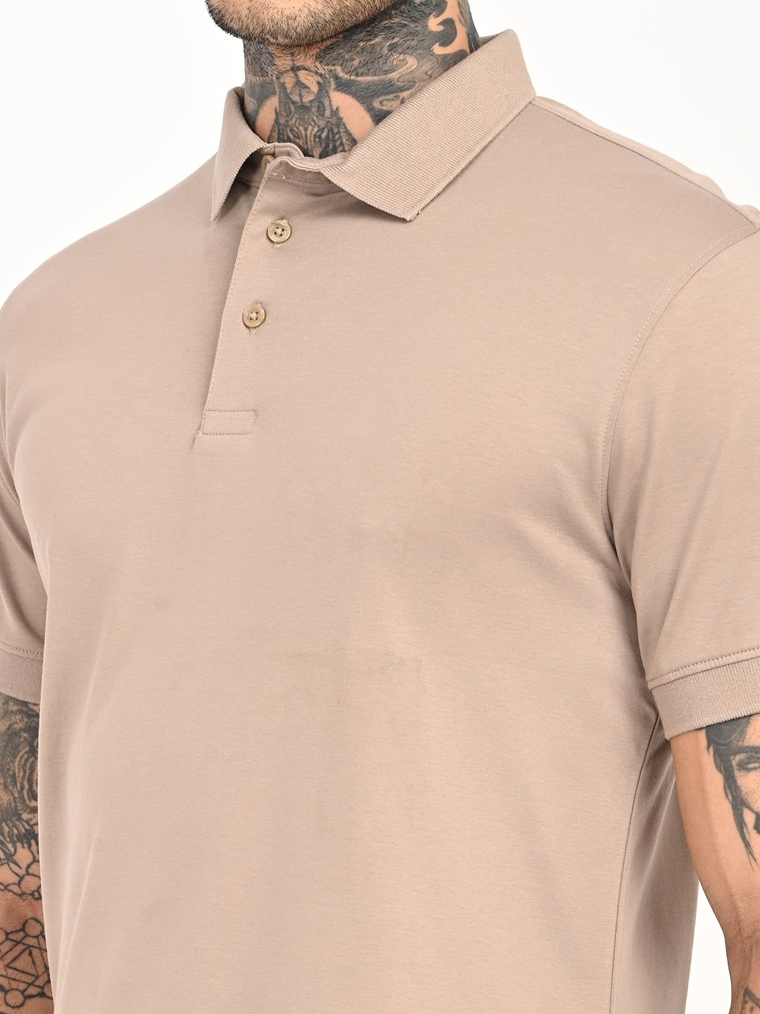 Men's Solid Beige Slim Fit Polo T-shirt