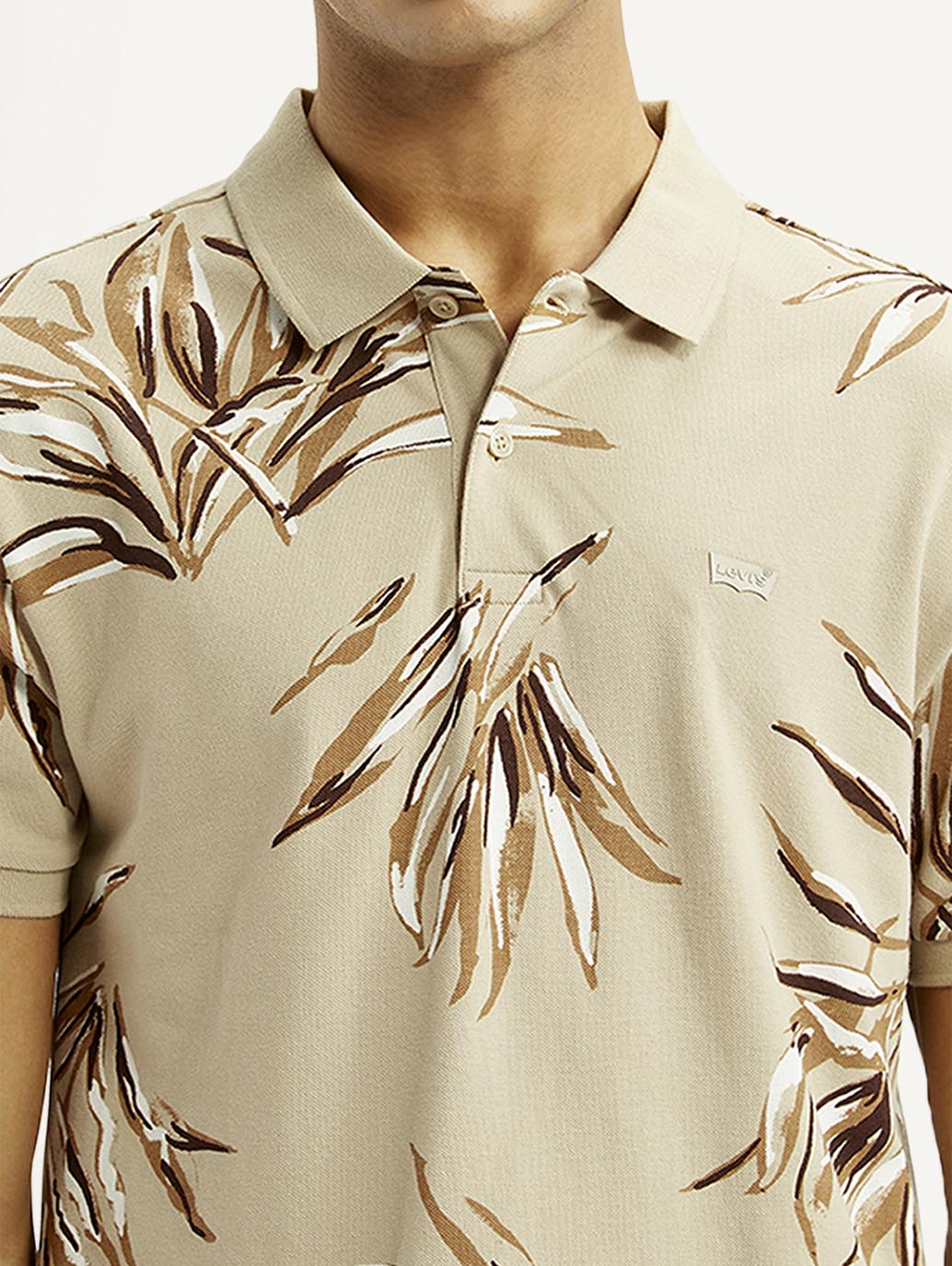Men's Printed Beige Slim Fit Polo T-shirt