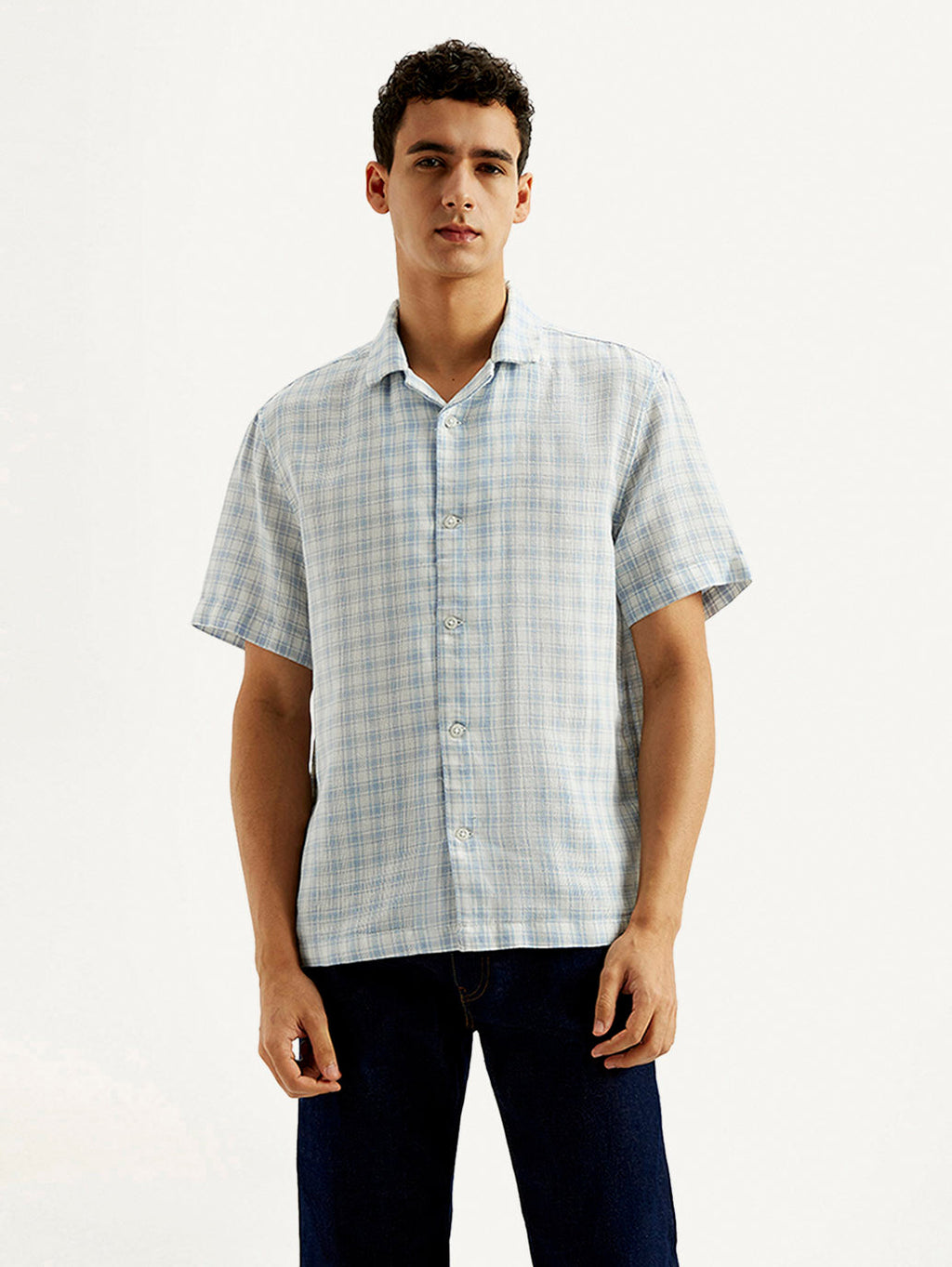 Men's Checkered Slim Fit Camp Linen Shirt