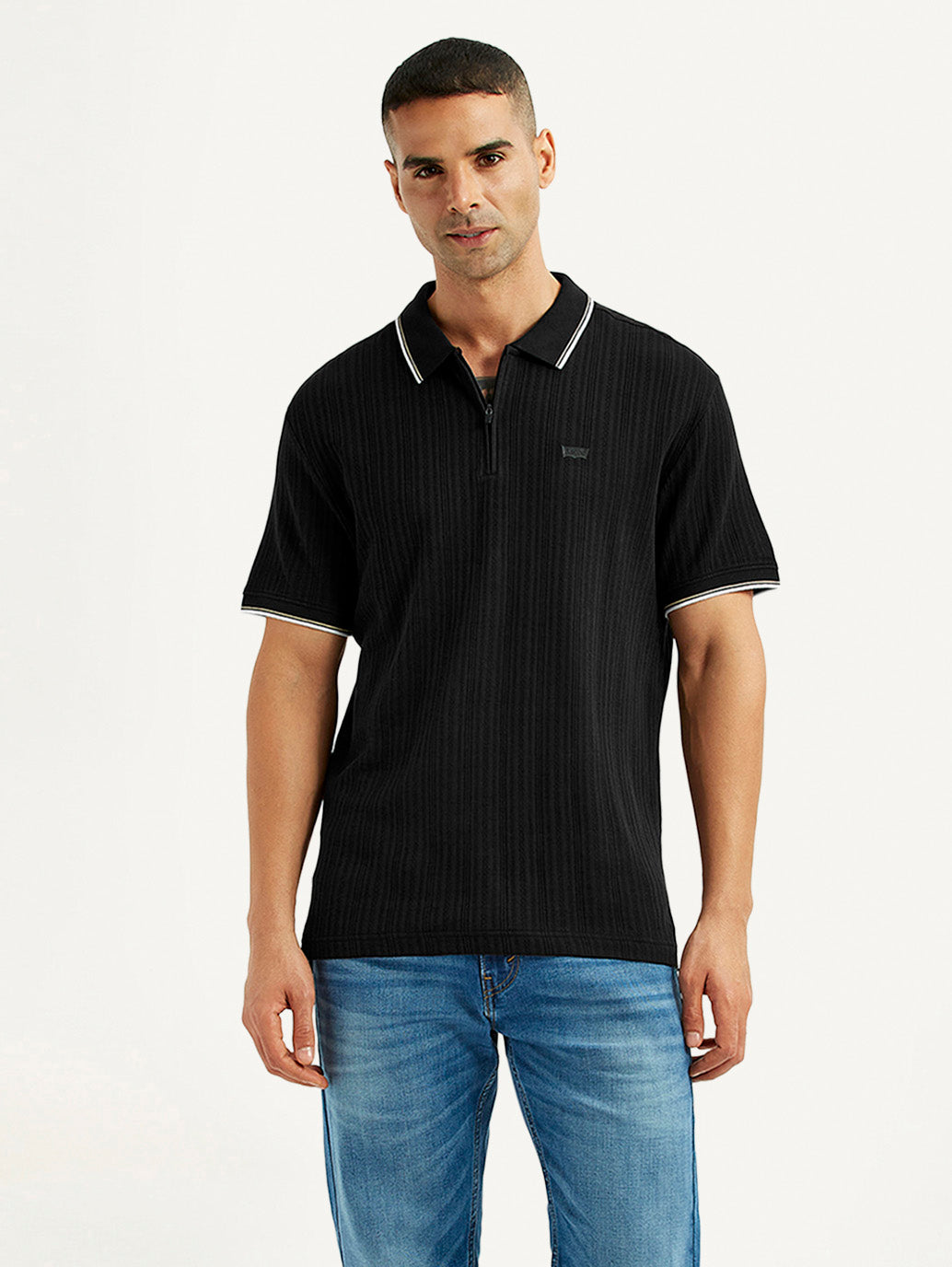Men's Self Design Black Slim Fit Polo T-Shirt