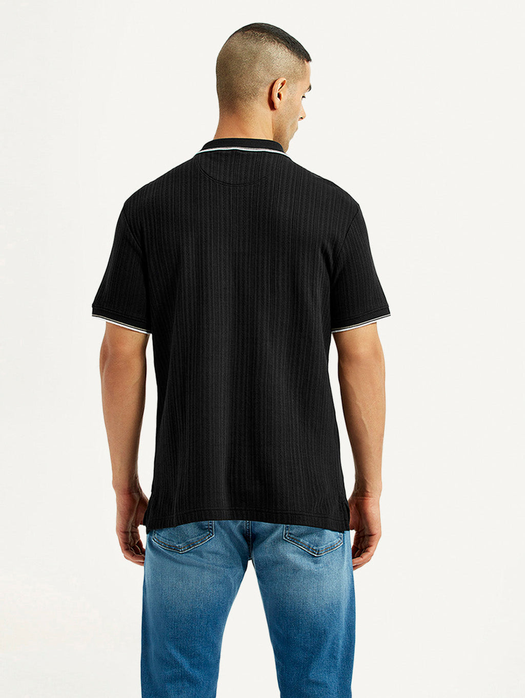 Men's Self Design Black Slim Fit Polo T-Shirt