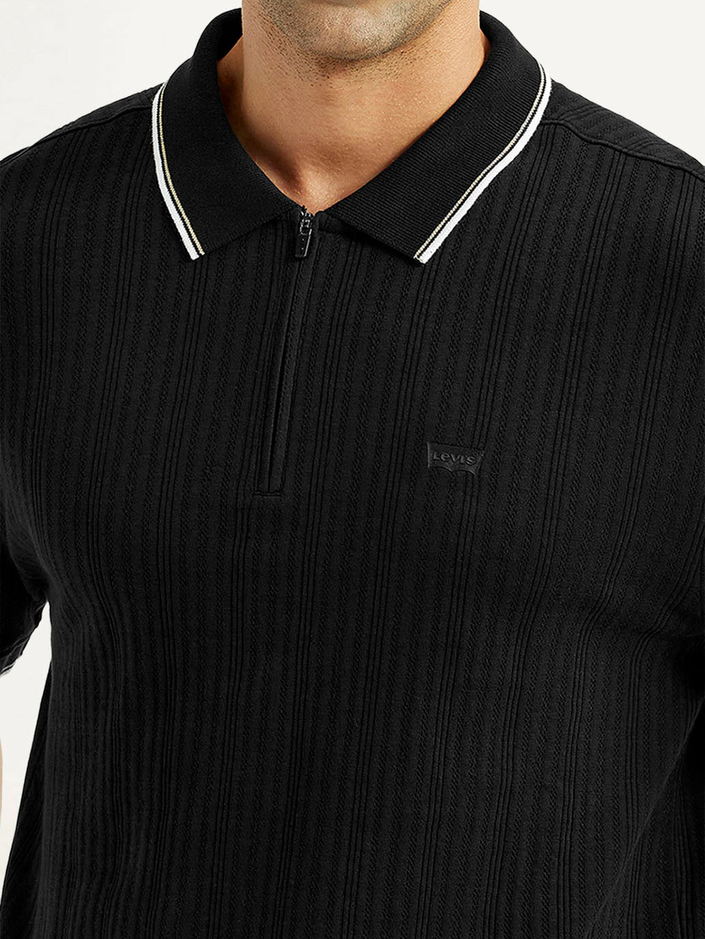 Men's Self Design Black Slim Fit Polo T-Shirt