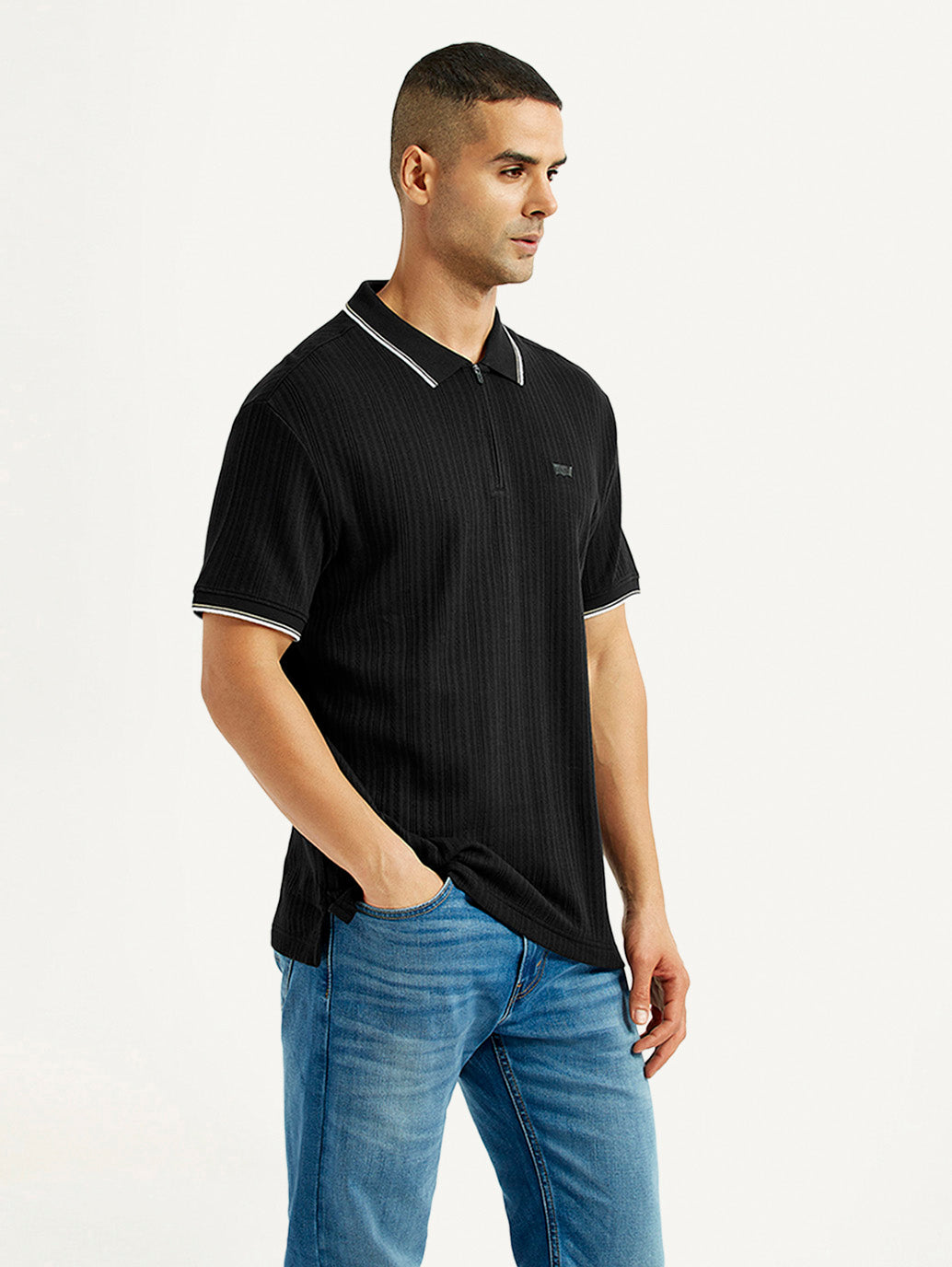 Men's Self Design Black Slim Fit Polo T-Shirt