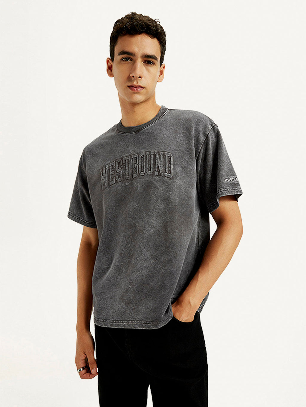 Men's Typographic Print Charcoal Grey Boxy T-shirt