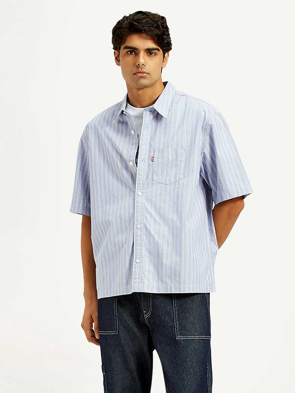 Men's Striped Light Blue Spread Collar Shirt