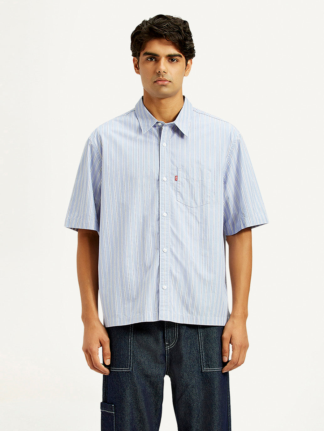 Men's Striped Light Blue Spread Collar Shirt