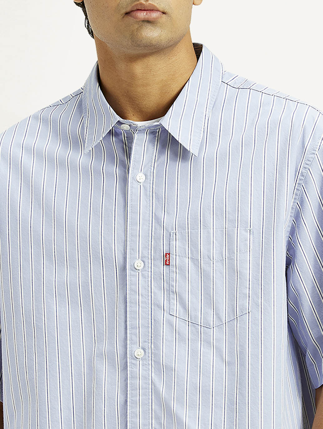 Men's Striped Light Blue Spread Collar Shirt