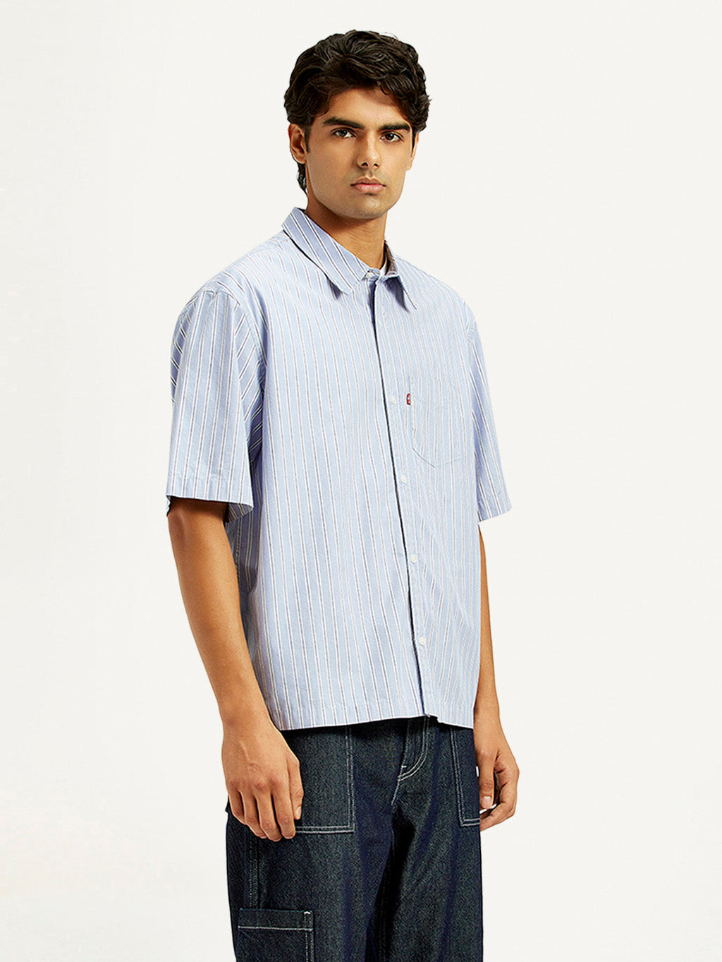 Men's Striped Light Blue Spread Collar Shirt