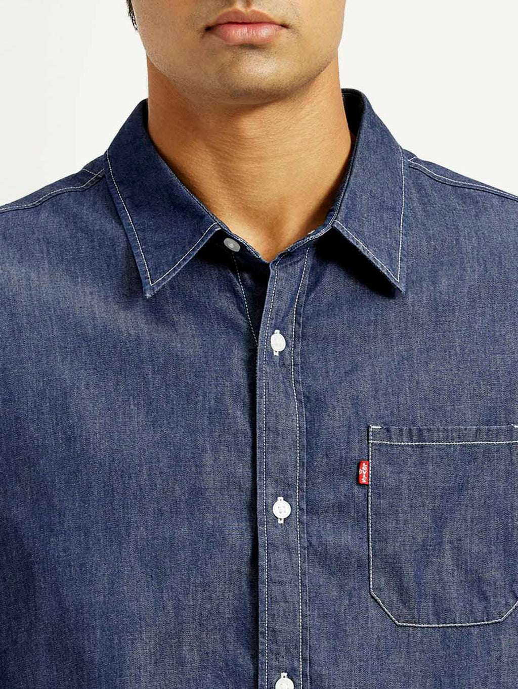 Men's Solid Dark Blue Spread Collar Denim Shirt