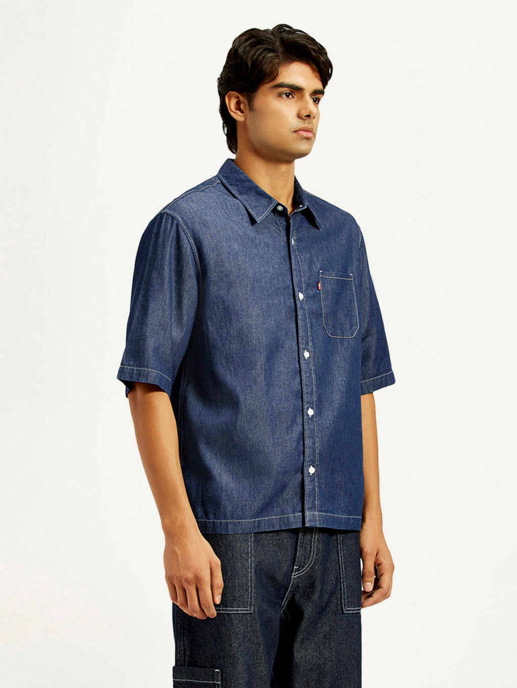 Men's Solid Dark Blue Spread Collar Denim Shirt