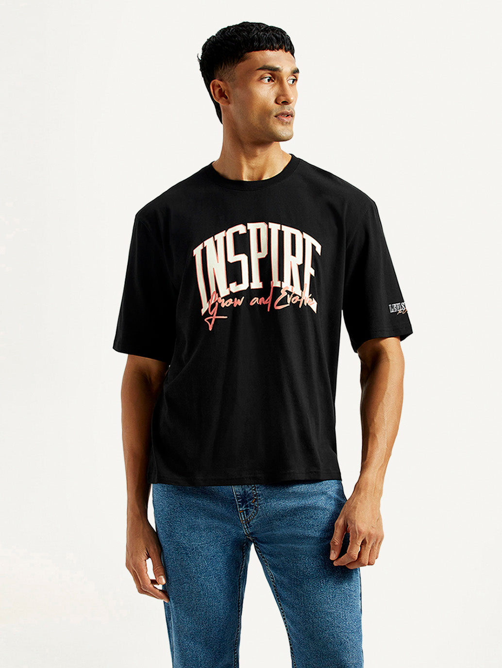 Men's Typographic Print Black Loose Fit T-shirt