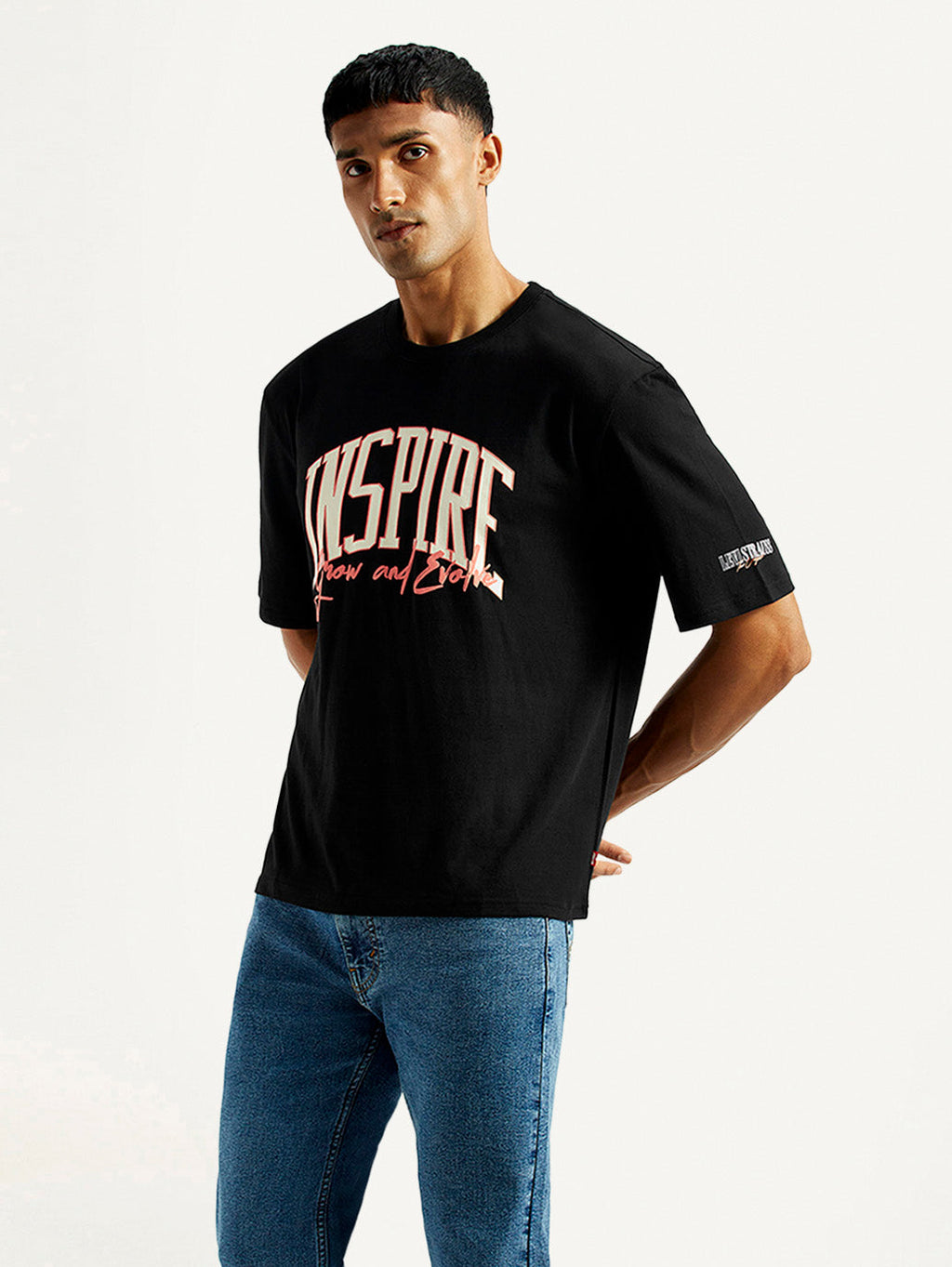 Men's Typographic Print Black Loose Fit T-shirt