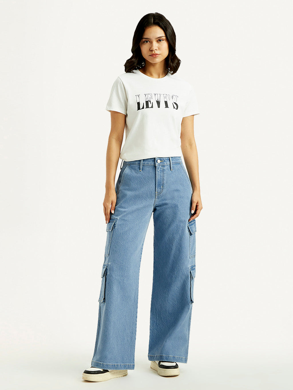 Women's Med Indigo Baggy Fit Mid Rise Cargo Jeans
