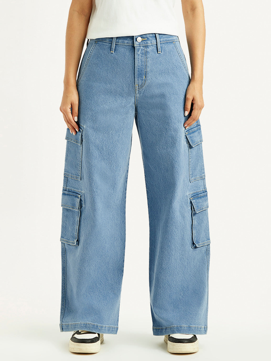 Women's Med Indigo Baggy Fit Mid Rise Cargo Jeans