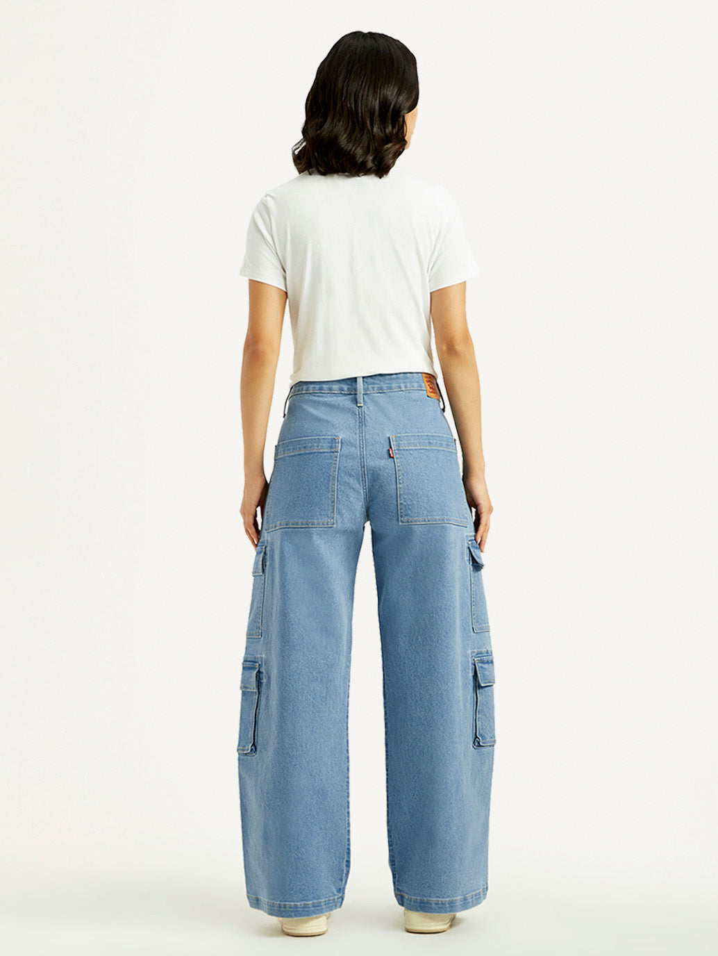 Women's Med Indigo Baggy Fit Mid Rise Cargo Jeans
