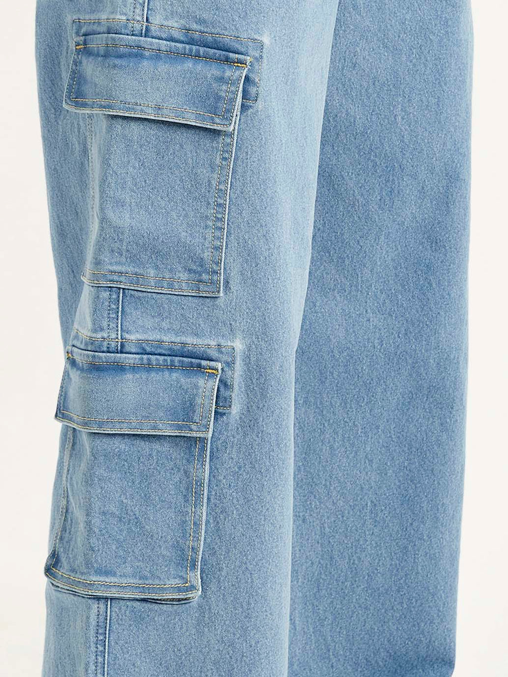 Women's Med Indigo Baggy Fit Mid Rise Cargo Jeans