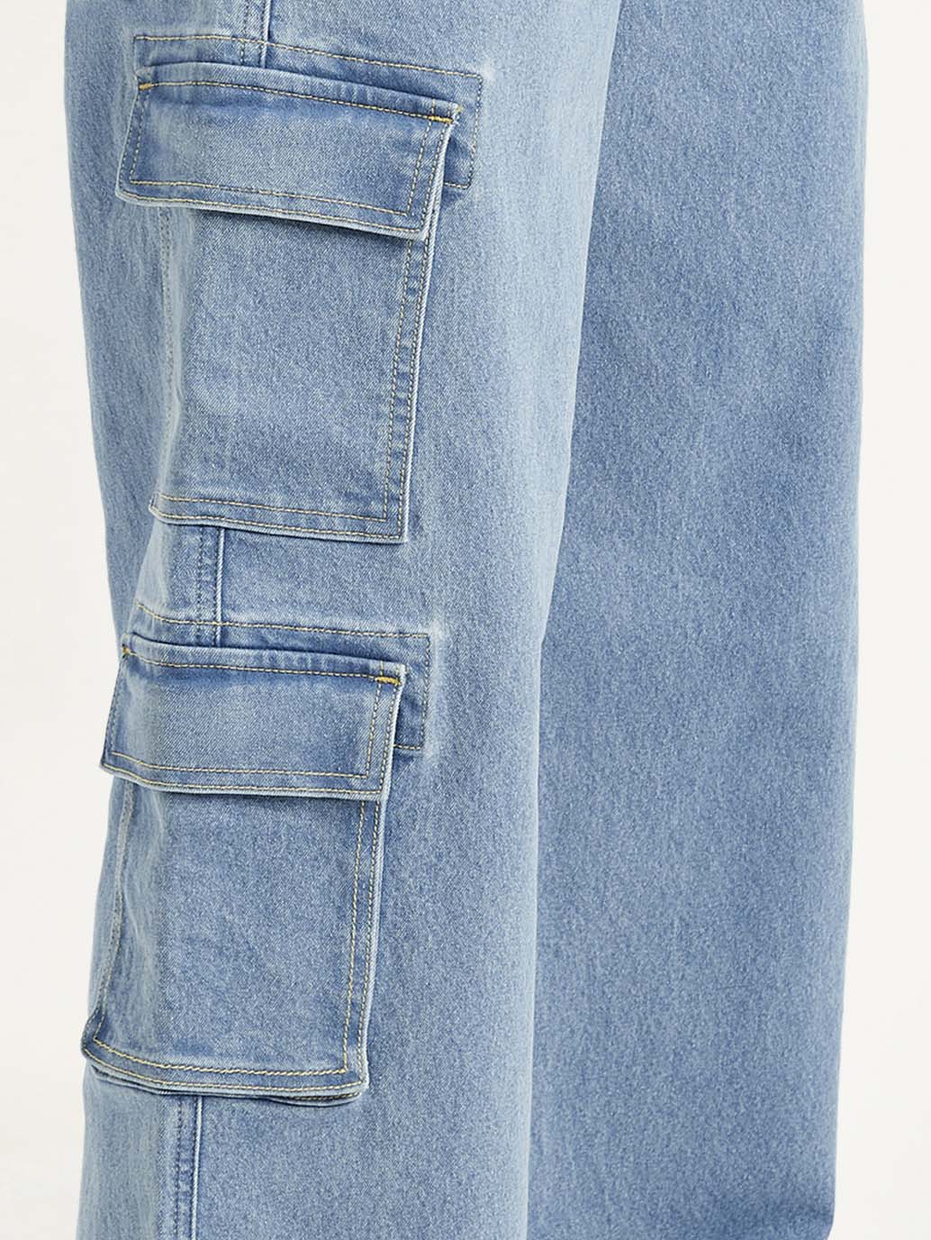 Women's Med Indigo Baggy Fit Mid Rise Cargo Jeans