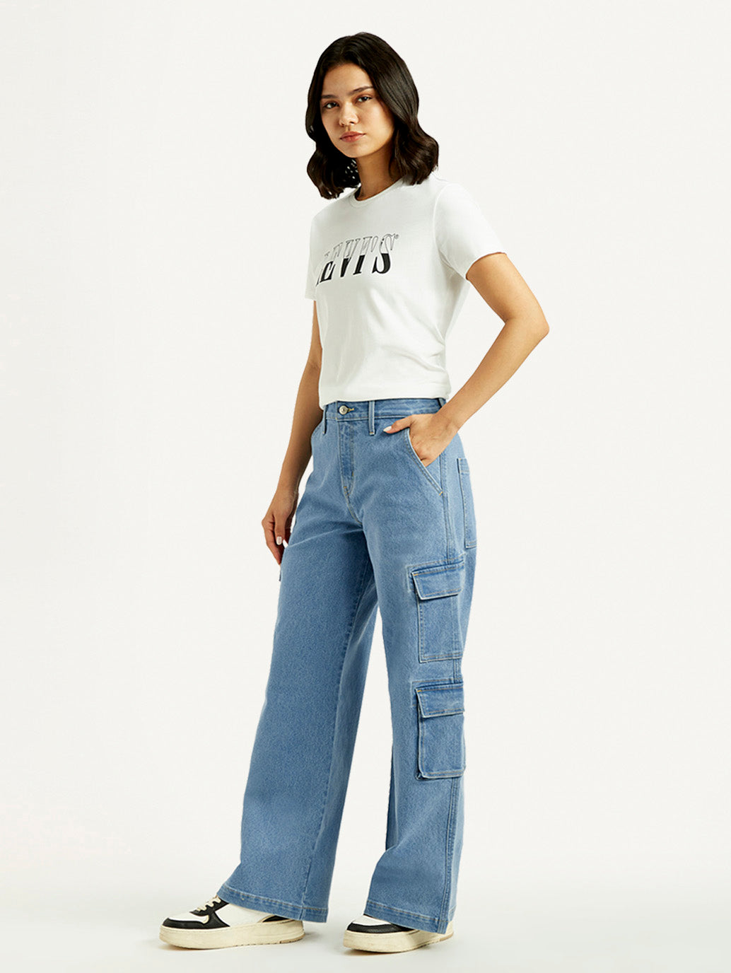 Women's Med Indigo Baggy Fit Mid Rise Cargo Jeans
