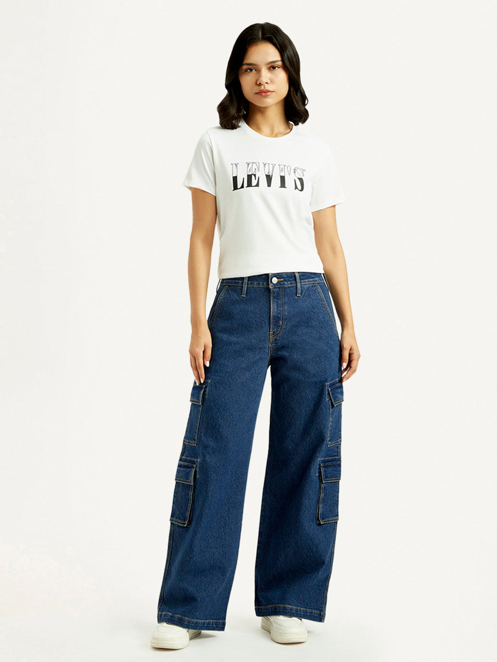 Women's Med Indigo Baggy Fit Mid Rise Cargo Jeans