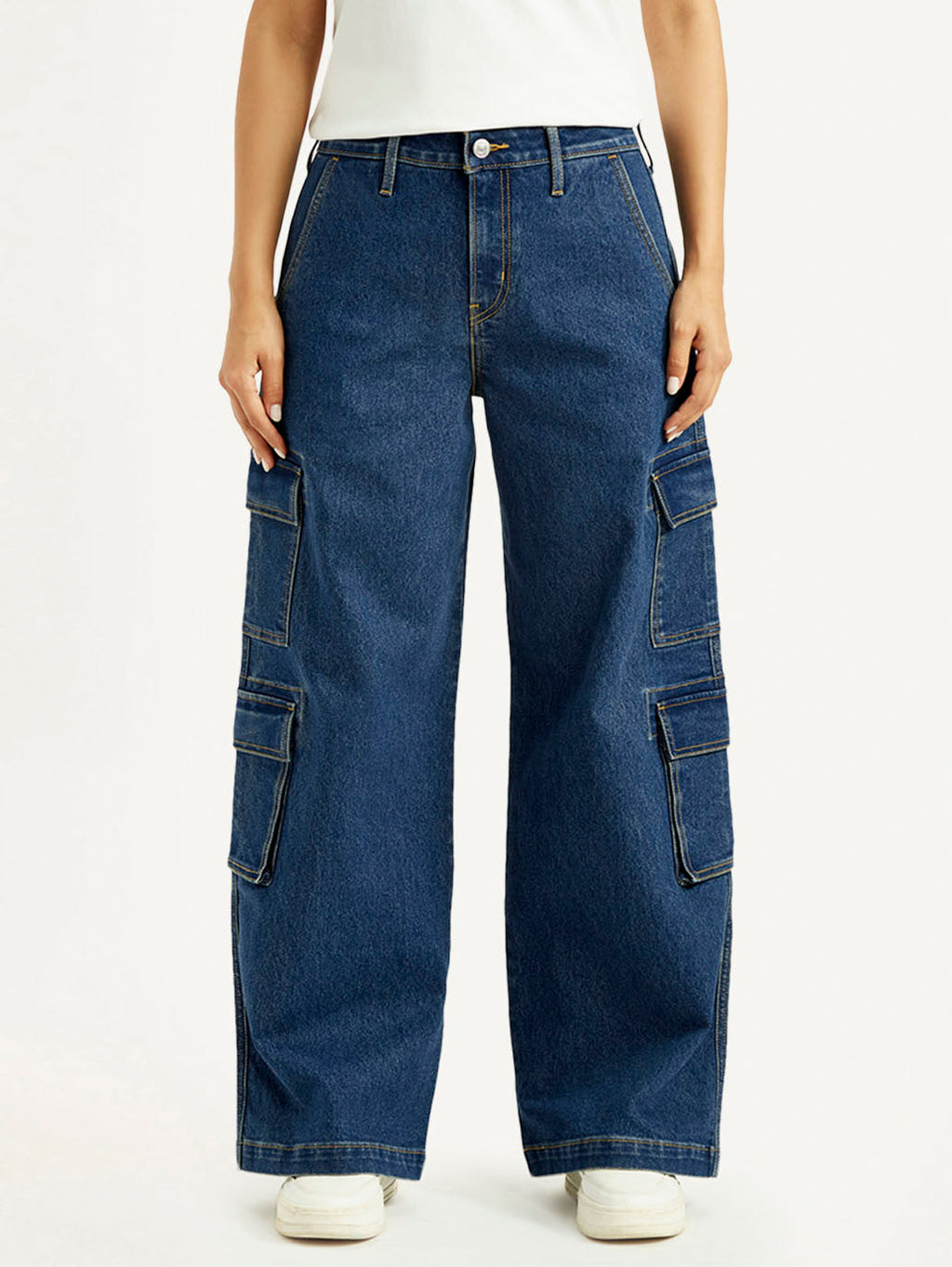 Women's Med Indigo Baggy Fit Mid Rise Cargo Jeans