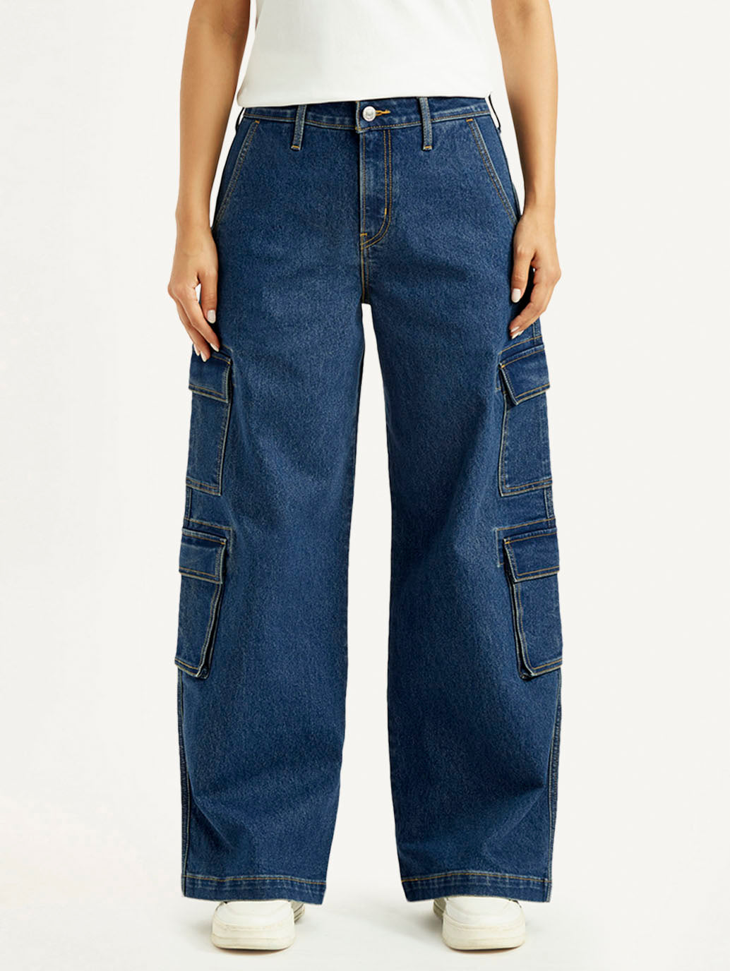 Women's Med Indigo Baggy Fit Mid Rise Cargo Jeans