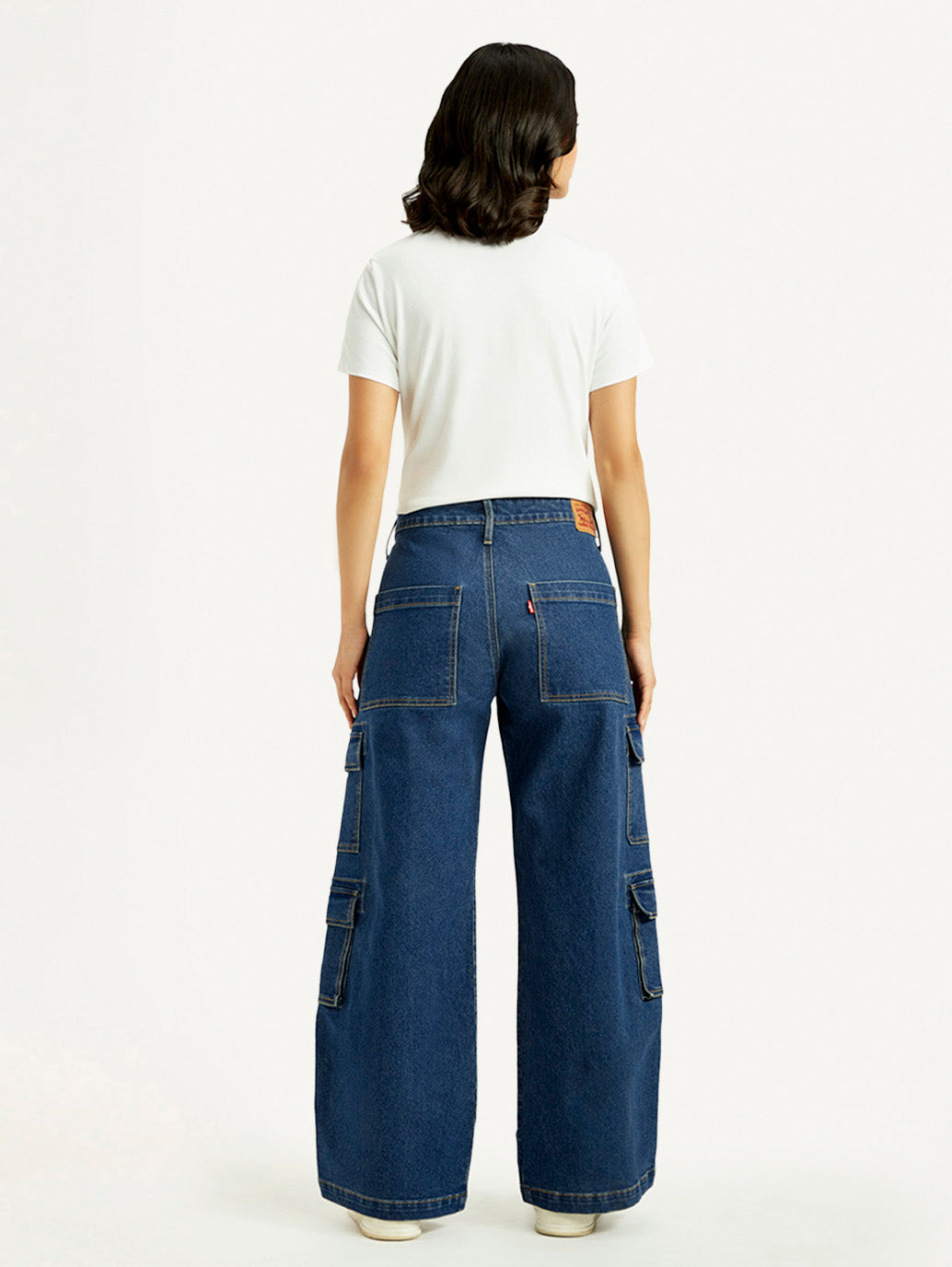 Women's Med Indigo Baggy Fit Mid Rise Cargo Jeans