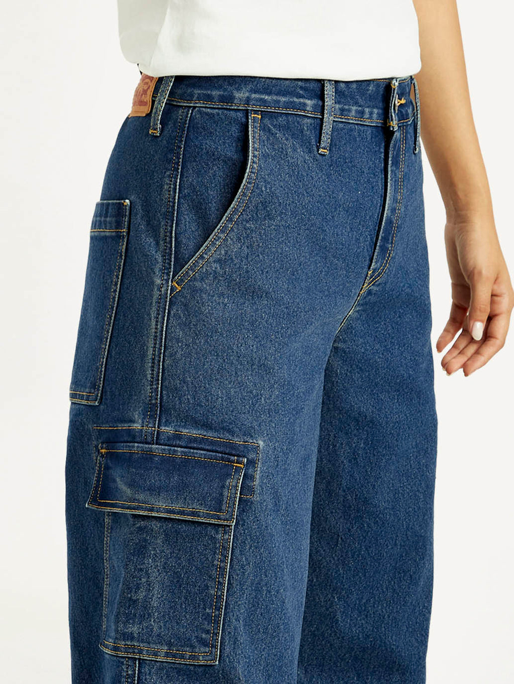 Women's Med Indigo Baggy Fit Mid Rise Cargo Jeans