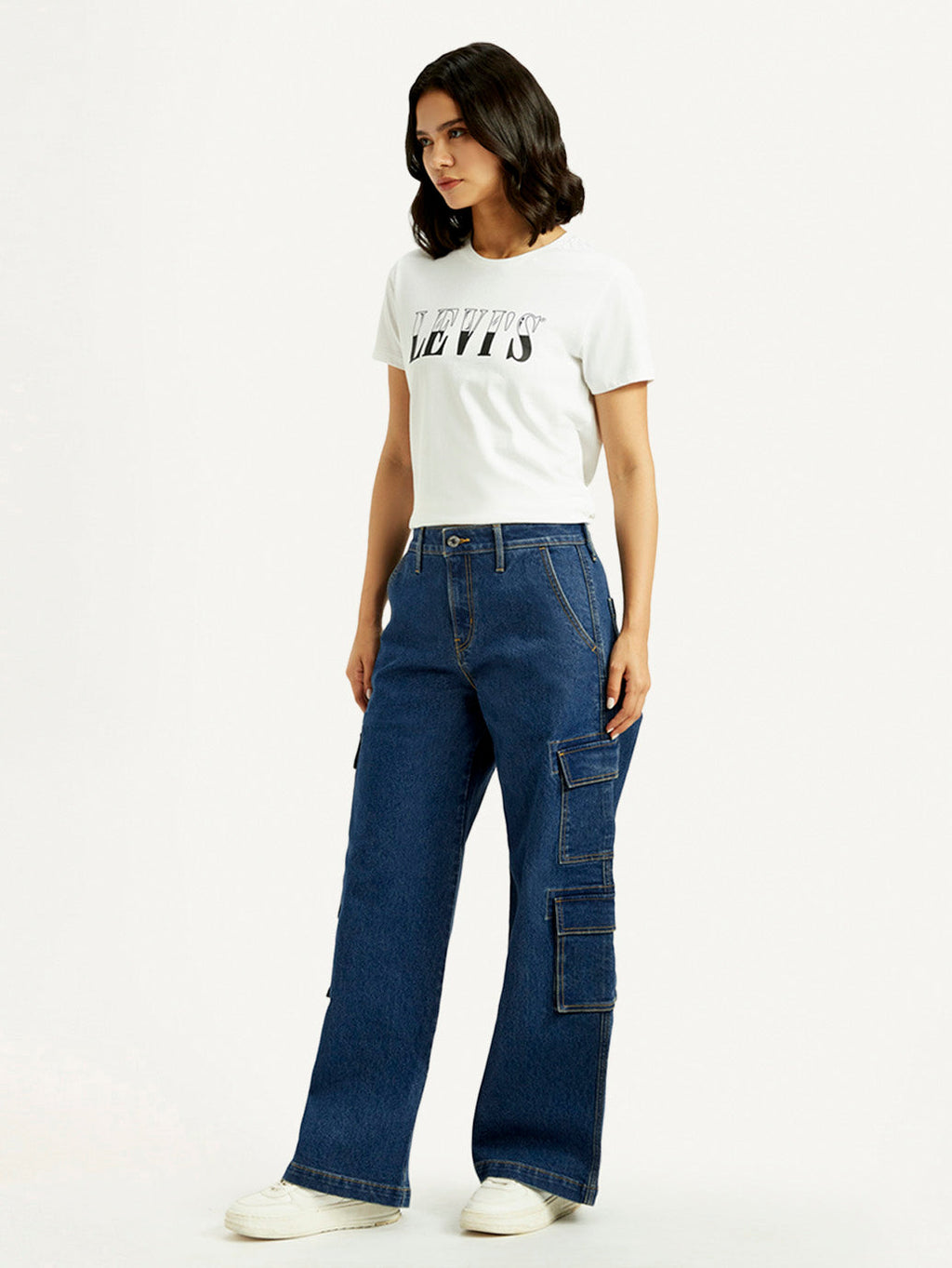 Women's Med Indigo Baggy Fit Mid Rise Cargo Jeans