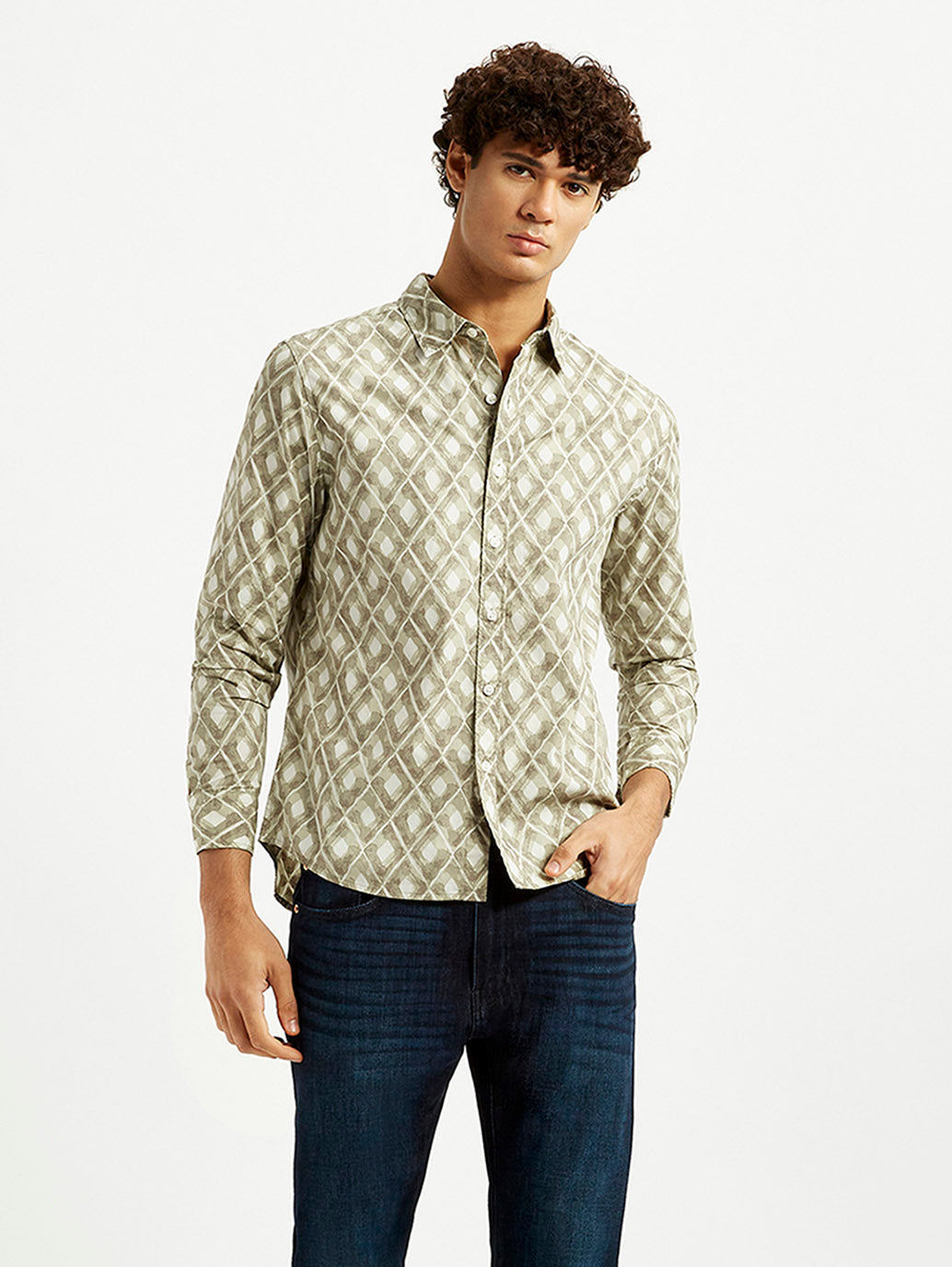 Men's Geometric Beige Slim Fit Shirt