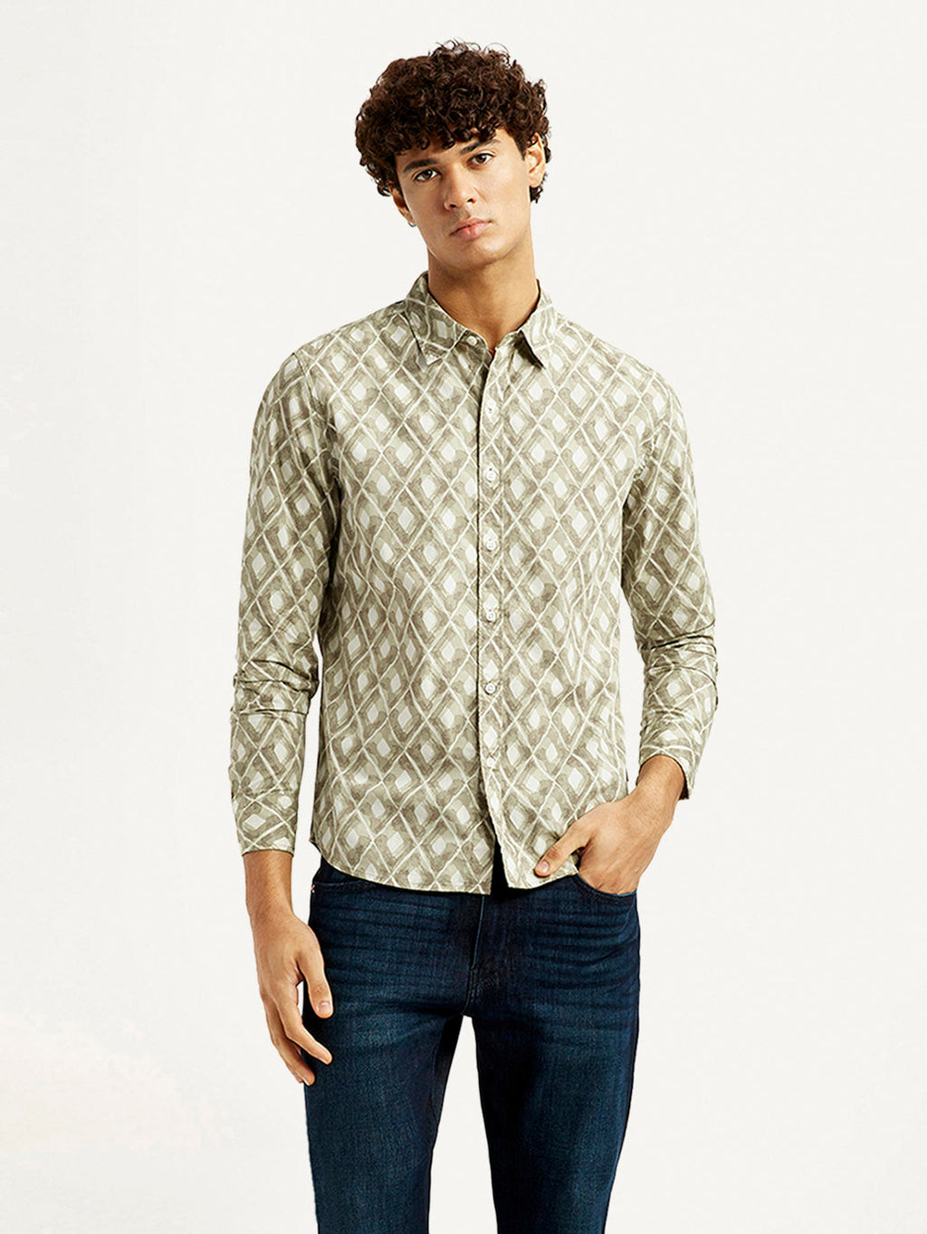Men's Geometric Beige Slim Fit Shirt
