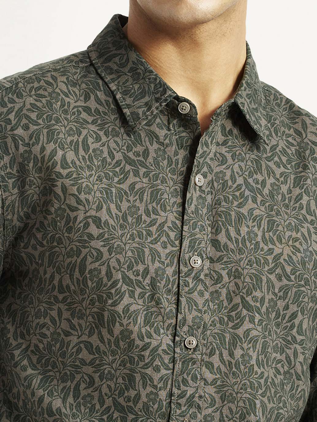 Men's Printed Olive Green Slim Fit Shirt