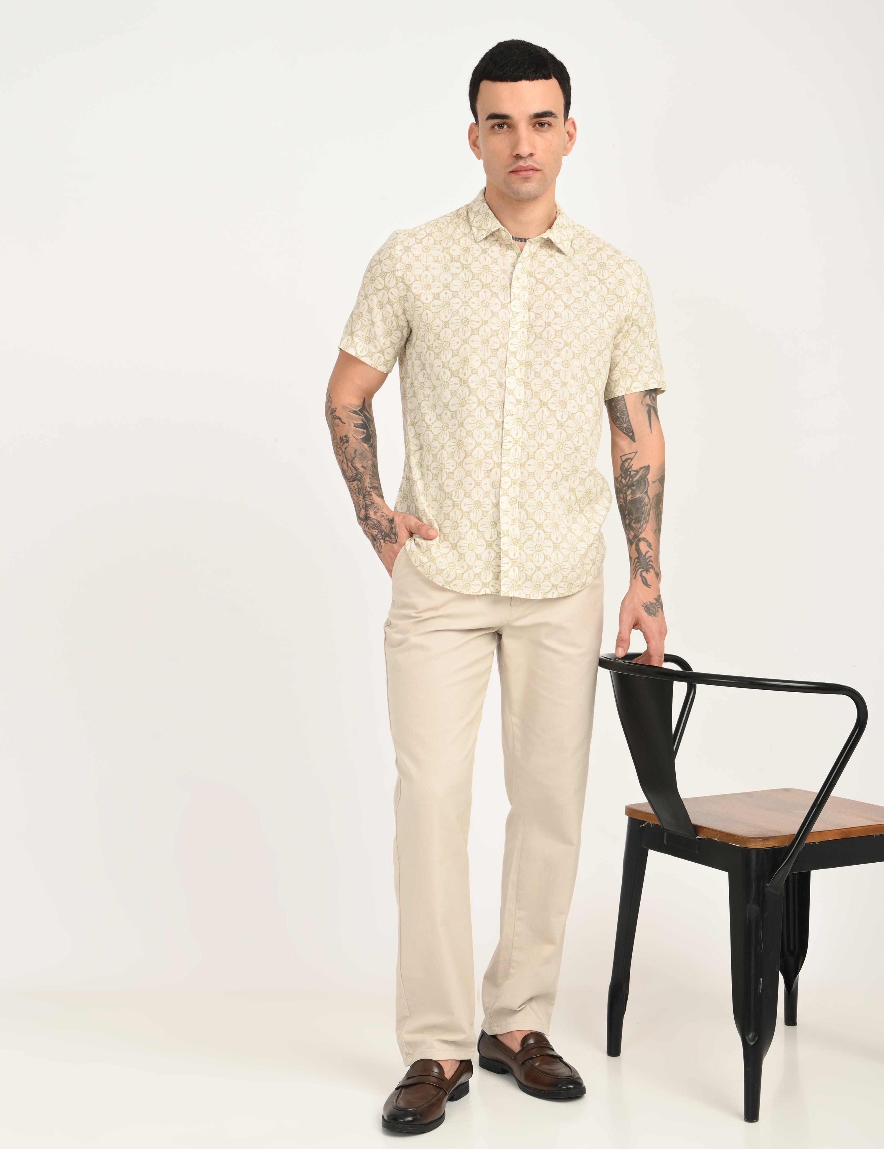 Men's Floral Beige Slim Fit Shirt