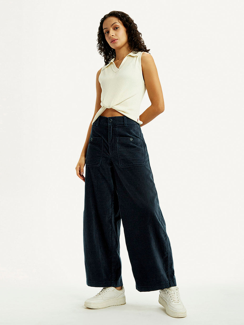 Women's Navy Blue Barrel Loose Fit Mid Rise Trousers