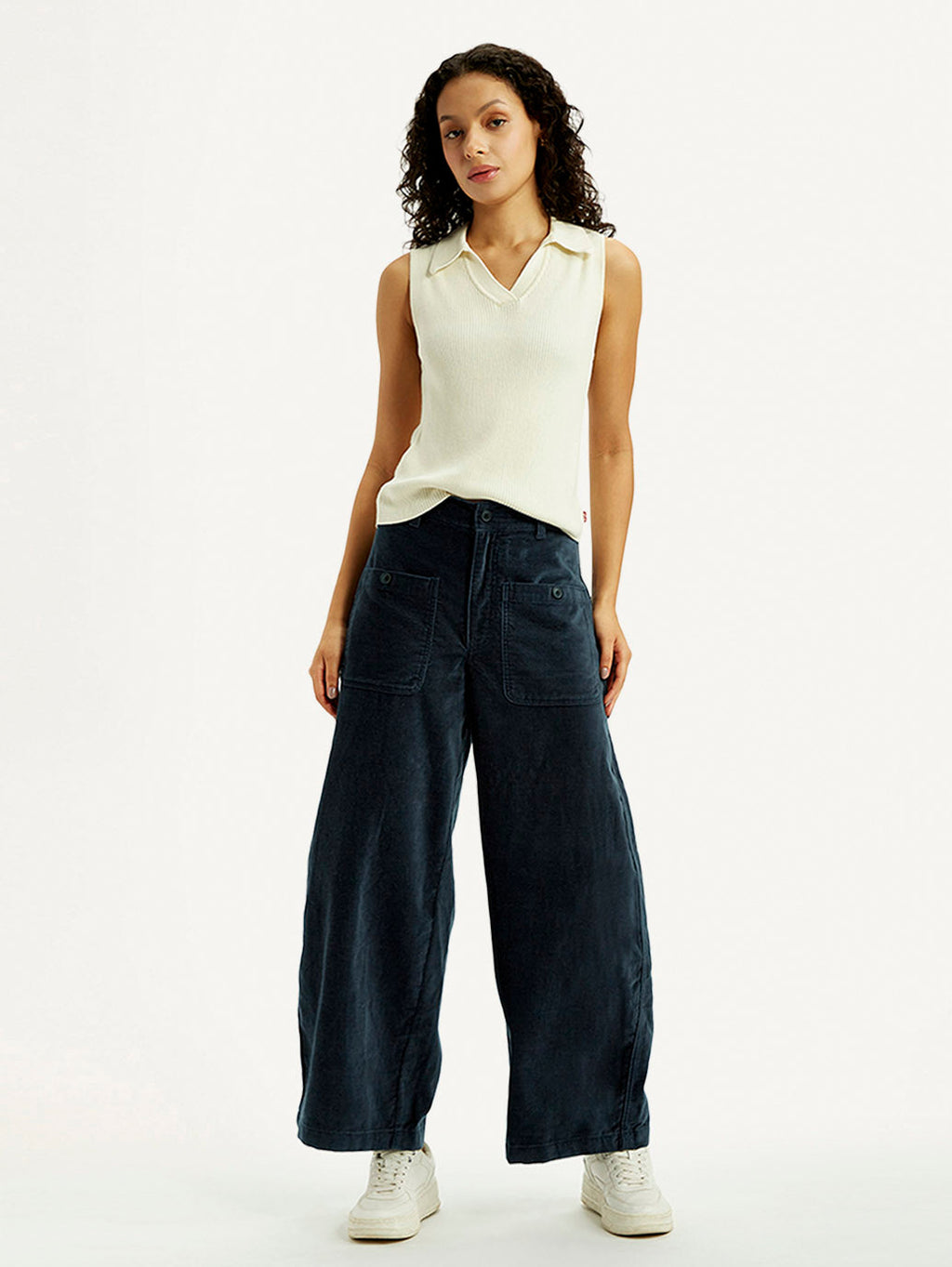 Women's Navy Blue Barrel Loose Fit Mid Rise Trousers